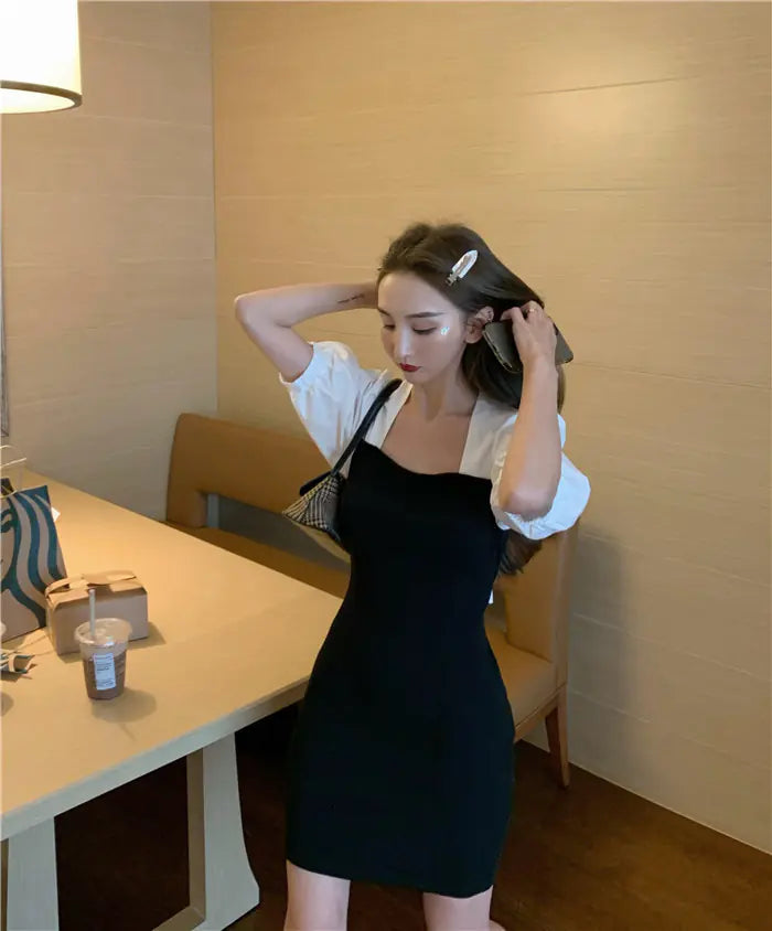 Ruiifan Summer New Puff Sleeve Tie Waist Shirt & Dress