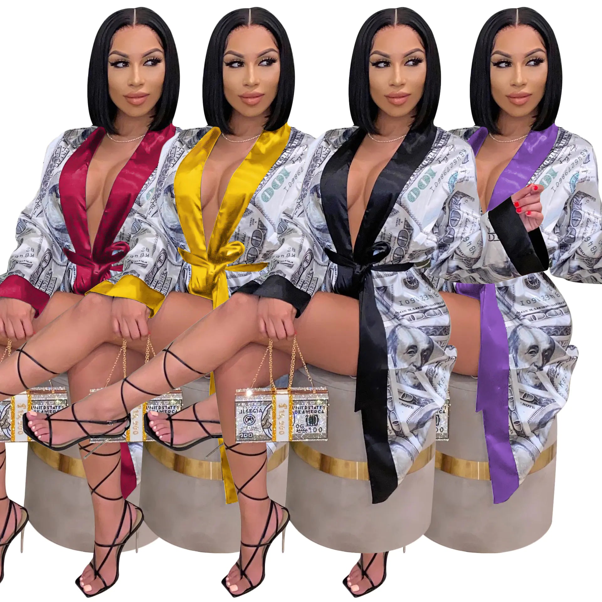 Fashionable Women's Long Printed Robe with Belt