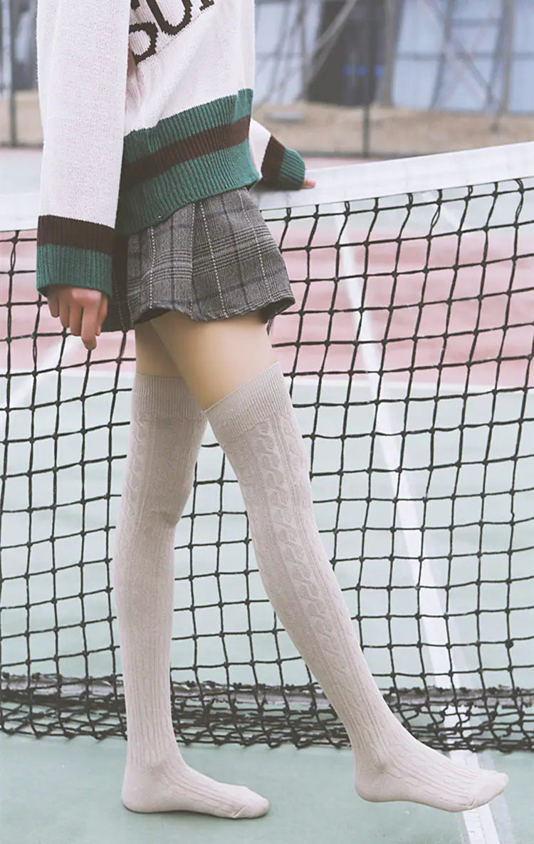 Women's Over-the-Knee Cotton Socks with Cable Knit Design