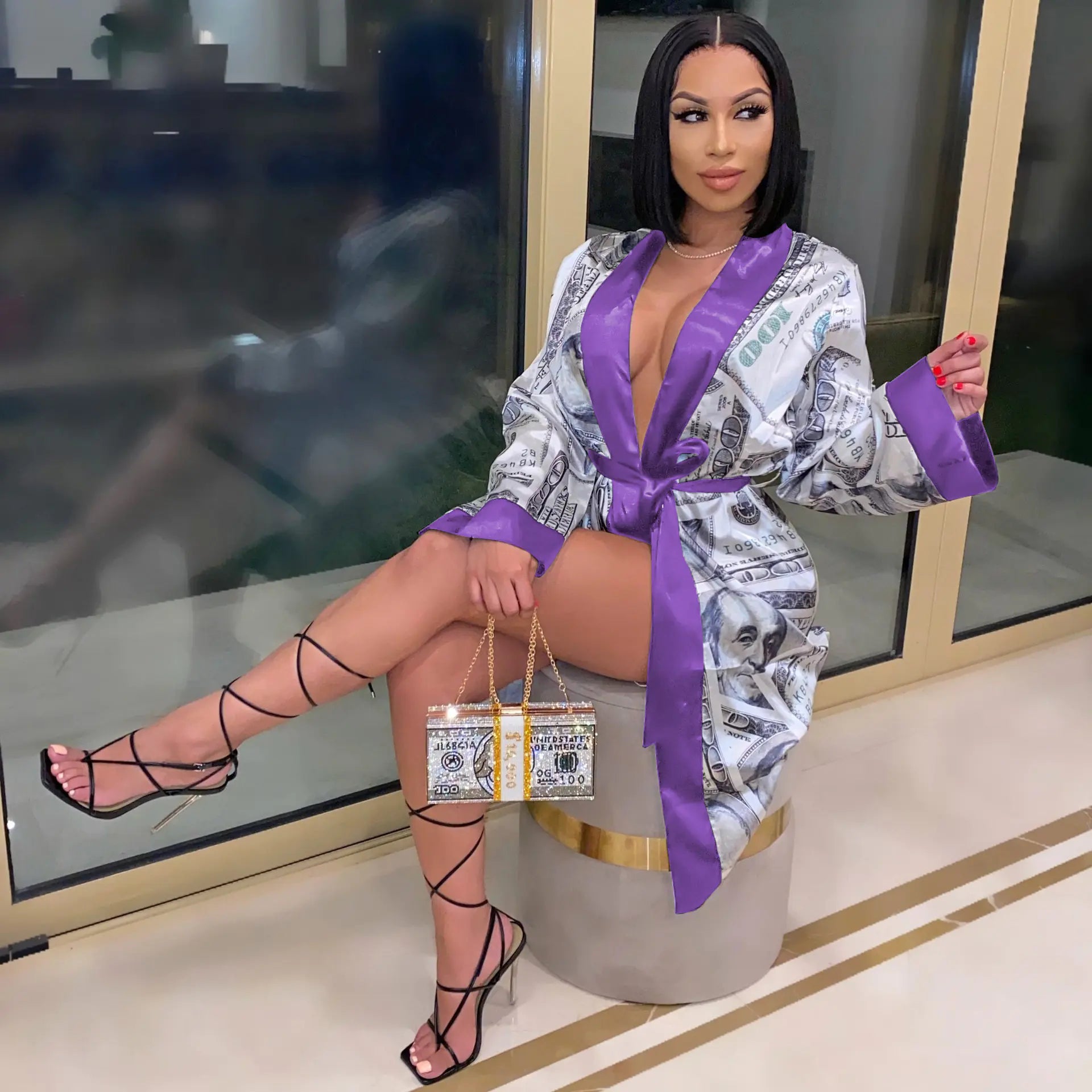 Fashionable Women's Long Printed Robe with Belt