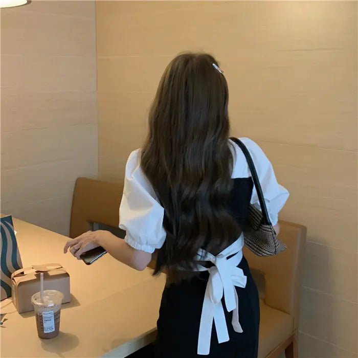 Ruiifan Summer New Puff Sleeve Tie Waist Shirt & Dress