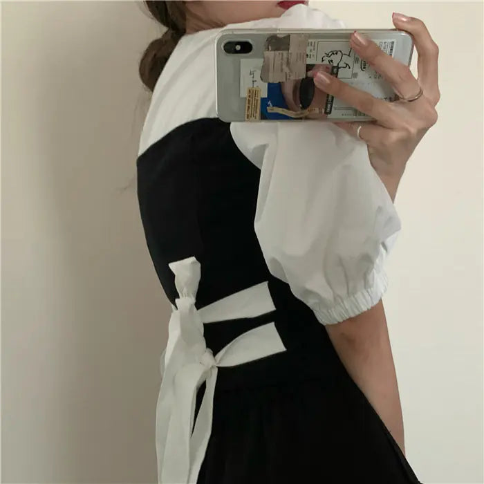 Ruiifan Summer New Puff Sleeve Tie Waist Shirt & Dress