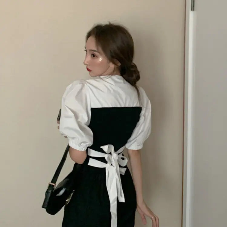 Ruiifan Summer New Puff Sleeve Tie Waist Shirt & Dress