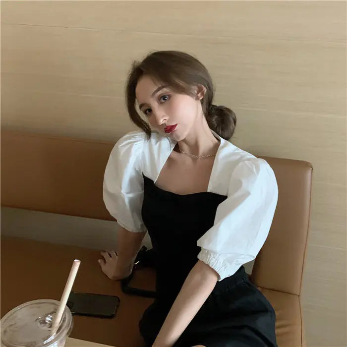 Ruiifan Summer New Puff Sleeve Tie Waist Shirt & Dress