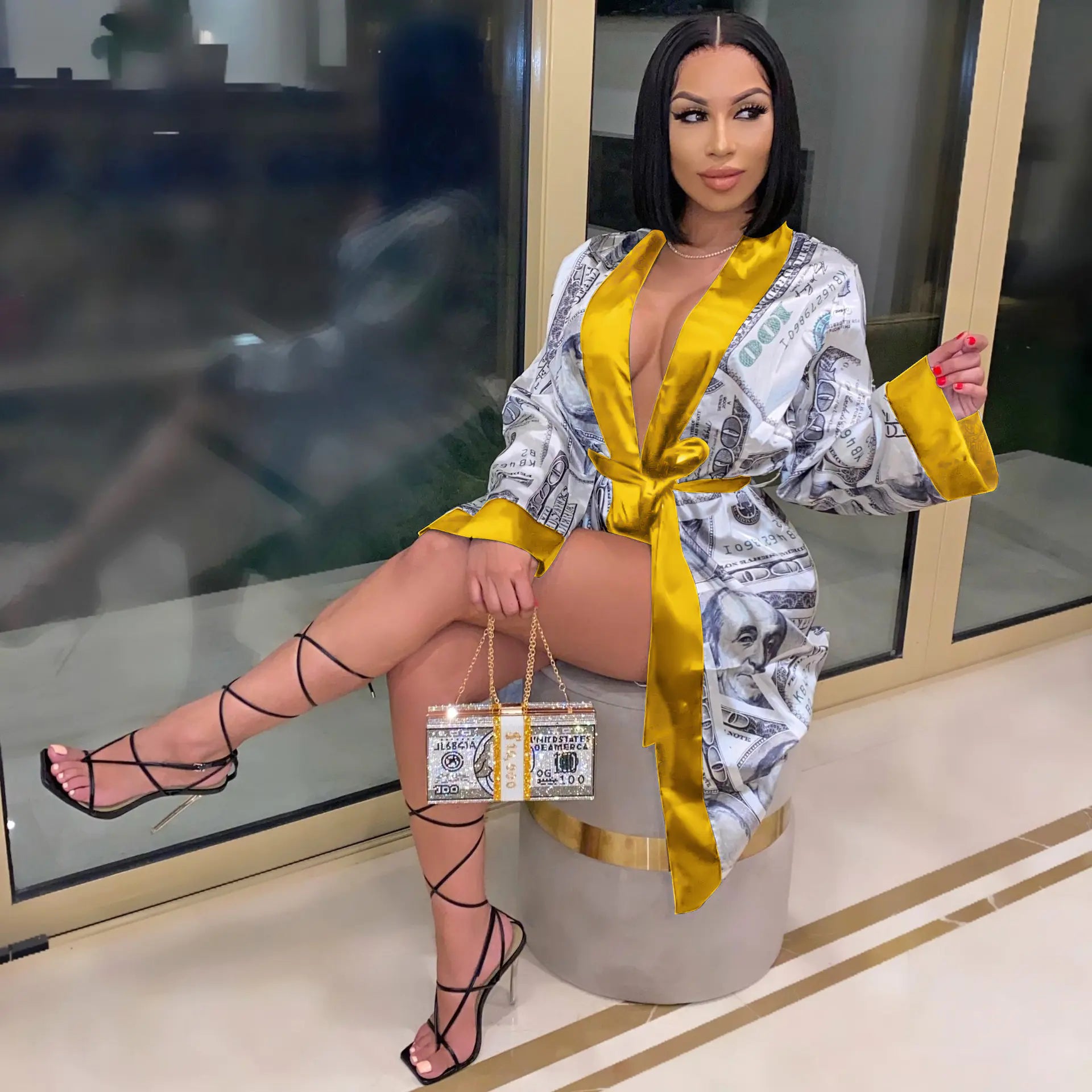 Fashionable Women's Long Printed Robe with Belt