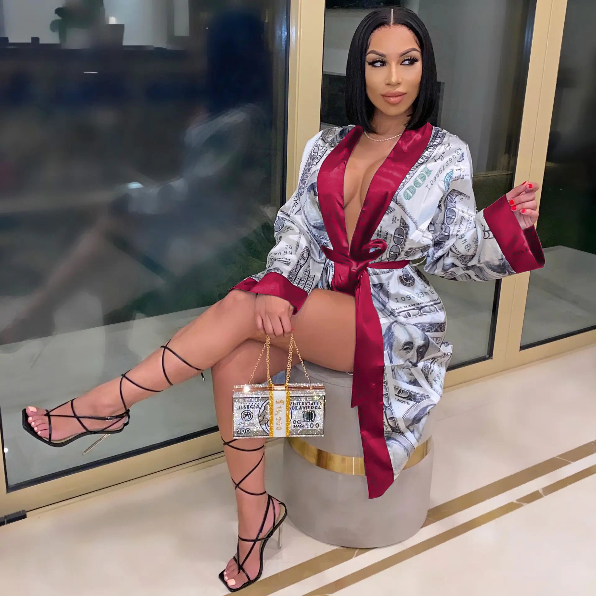 Fashionable Women's Long Printed Robe with Belt