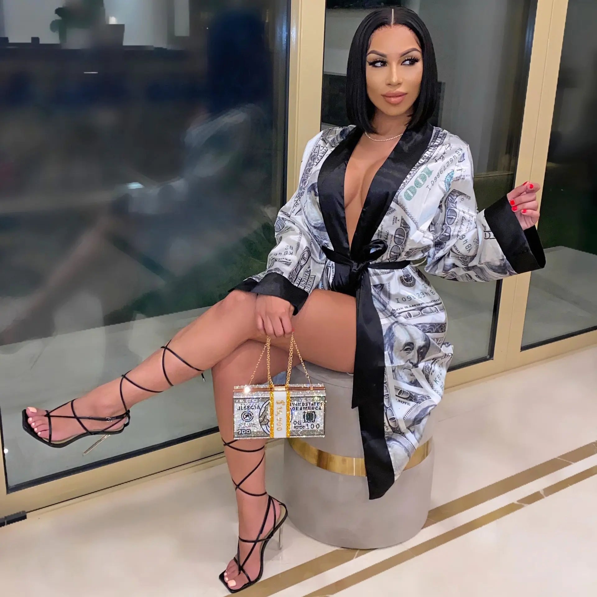 Fashionable Women's Long Printed Robe with Belt